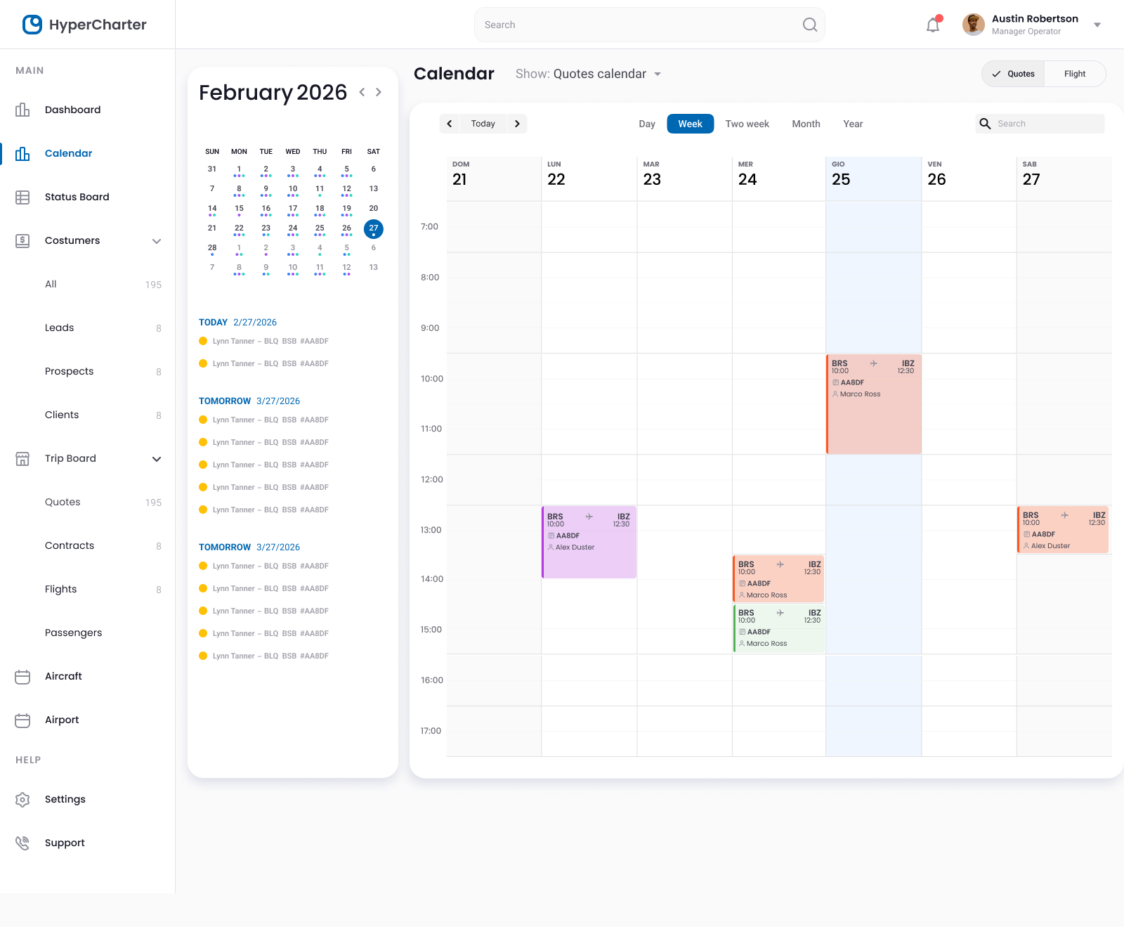 Calendario di offerte e voli